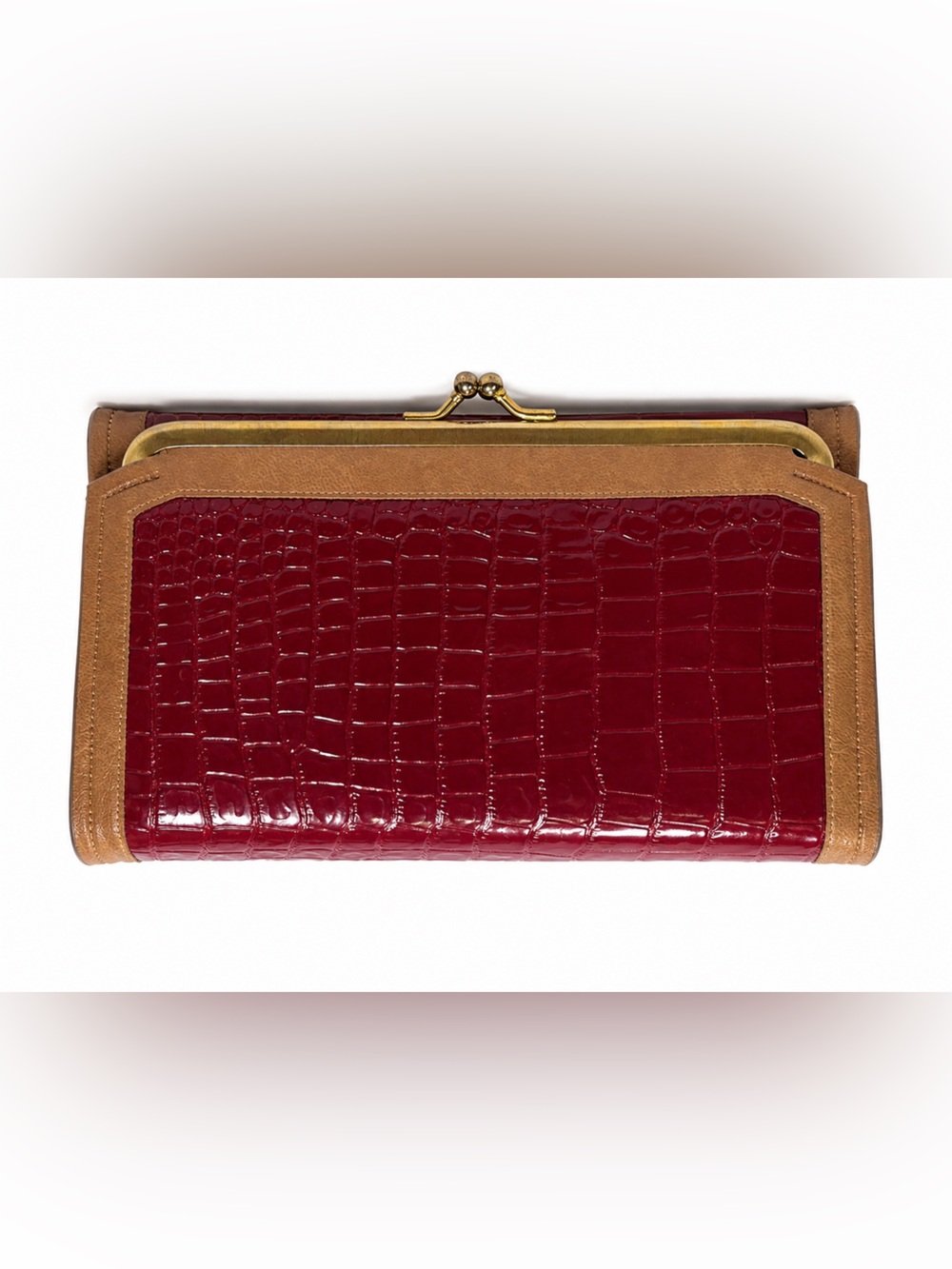 Red Black Crocodile Embossed Leather Checkbook Wallet Brown Trim